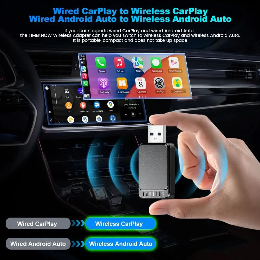 TIMEKNOW NEW Wireless CarPlay AdapterWireless Android Auto Adapter 2 in 1 for Mazda Subaru Citroen Audi Mercedes Kia Ford Opel TECHX