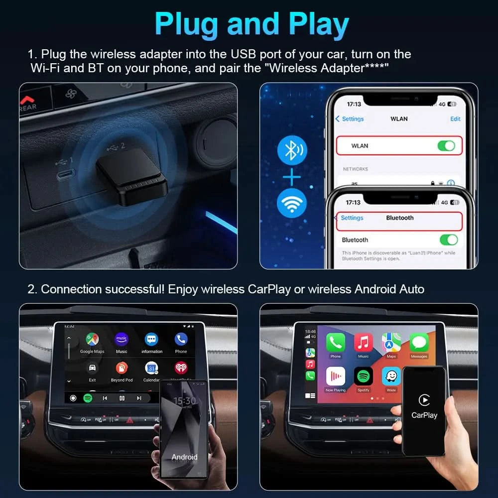 TIMEKNOW NEW Wireless CarPlay AdapterWireless Android Auto Adapter 2 in 1 for Mazda Subaru Citroen Audi Mercedes Kia Ford Opel TECHX