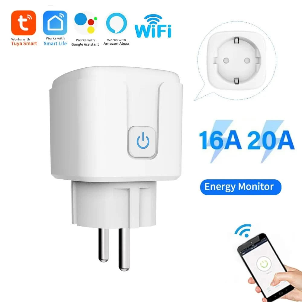 Tuya Smart Socket Outlet EU Plug 16A/20A With Power Monitor Timing Voice Control Wifi Smart Plug Works With Alexa Google Home TECHX