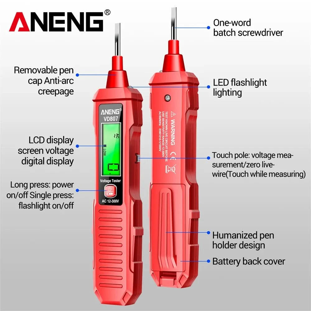 ANENG VD807 One-word Induction Portable 50/60Hz Smart Electric Pen Tester NCV Sensor AC 12-300V Non-contact Wire Detector Tools TECHX